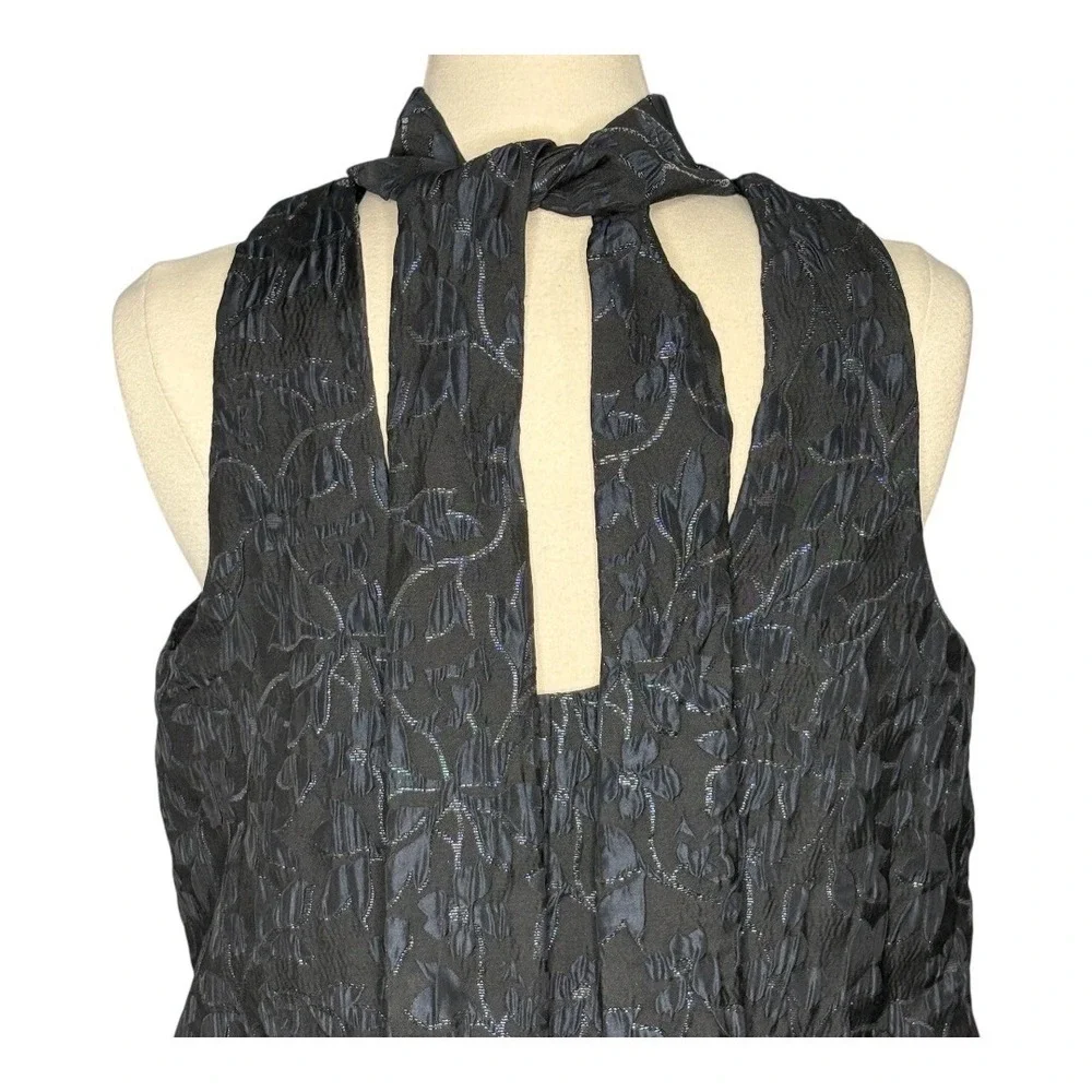 Scoop Mini Dress Women‎ Large Black Blue Metallic Floral Jacquard Mock Neck Tie